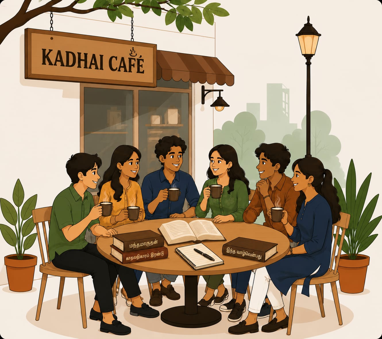 Friends reading and enjoying coffee at Kadhai Cafe